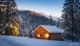 A cozy log cabin nestled in the mountains, surrounded by snow and pine trees, with warm light glowing from the windows